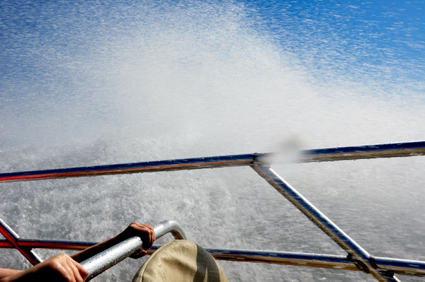 water spraying into the jet boat